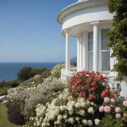 An elegant white house surrounded by an abundance of flowers on the windowsills, with the tranquil sea in the background