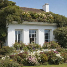 An elegant white house surrounded by an abundance of flowers on the windowsills, with the tranquil sea in the background