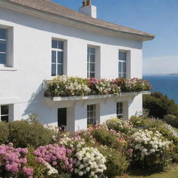 An elegant white house surrounded by an abundance of flowers on the windowsills, with the tranquil sea in the background