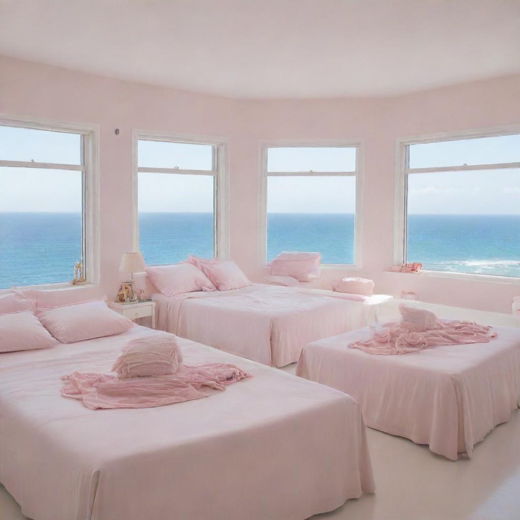 A pristine white room filled with numerous soft pink double beds, large windows revealing an expansive sea view, and an abundance of makeup and clothes scattered throughout.