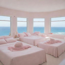 A pristine white room filled with numerous soft pink double beds, large windows revealing an expansive sea view, and an abundance of makeup and clothes scattered throughout.