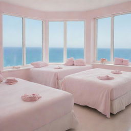 A pristine white room filled with numerous soft pink double beds, large windows revealing an expansive sea view, and an abundance of makeup and clothes scattered throughout.