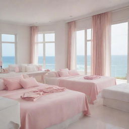 A pristine white room filled with numerous soft pink double beds, large windows revealing an expansive sea view, and an abundance of makeup and clothes scattered throughout.