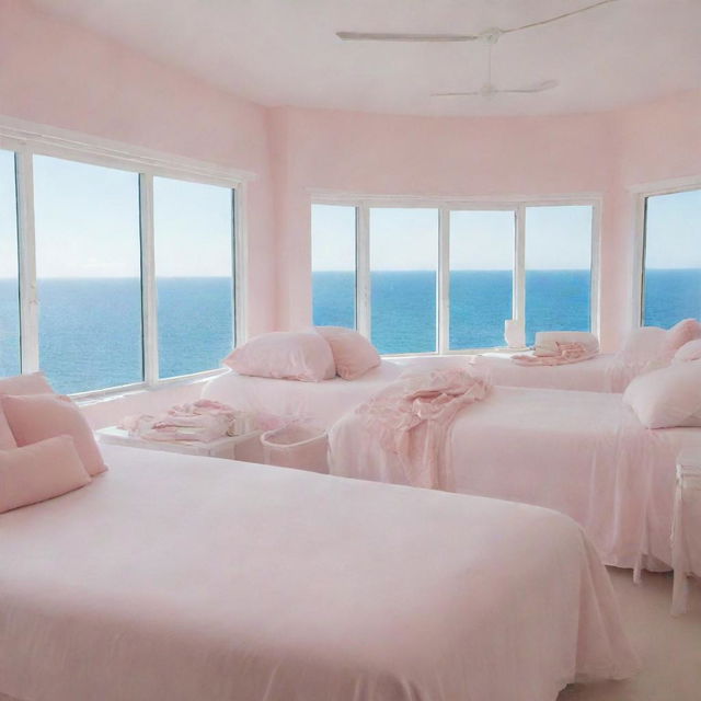 A pristine white room filled with numerous soft pink double beds, large windows revealing an expansive sea view, and an abundance of makeup and clothes scattered throughout.