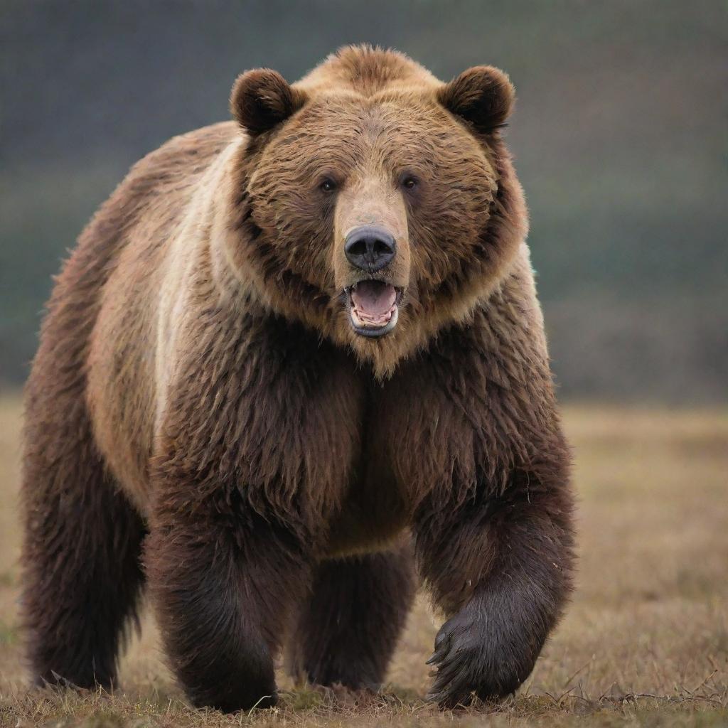 A formidable Kodiak bear displaying its might and anger. Its fur bristles against the wind and its sharp claws are exposed in a fearsome show