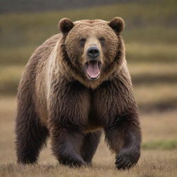 A formidable Kodiak bear displaying its might and anger. Its fur bristles against the wind and its sharp claws are exposed in a fearsome show