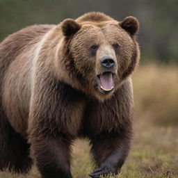 A formidable Kodiak bear displaying its might and anger. Its fur bristles against the wind and its sharp claws are exposed in a fearsome show