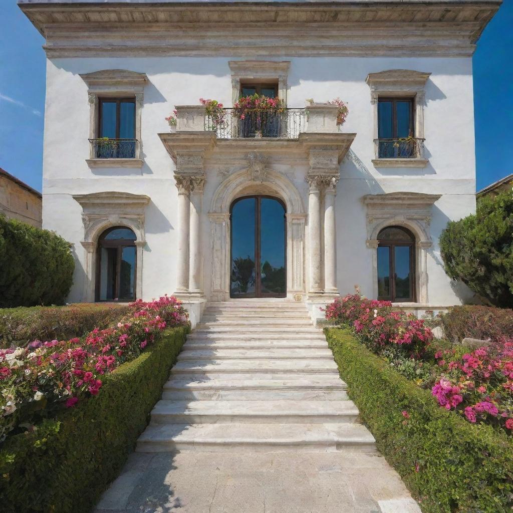 A large, luxurious white mansion located in Southern Italy, showcasing vast windows and an opulent entrance door. The mansion is set against a backdrop of the sea and features a lush garden blooming with colorful flowers.