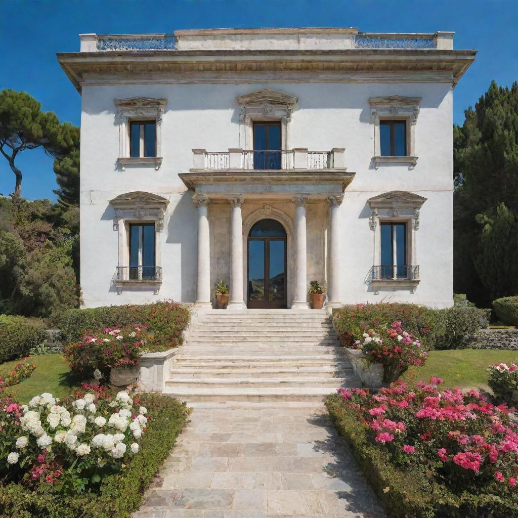 A large, luxurious white mansion located in Southern Italy, showcasing vast windows and an opulent entrance door. The mansion is set against a backdrop of the sea and features a lush garden blooming with colorful flowers.