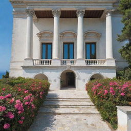 A large, luxurious white mansion located in Southern Italy, showcasing vast windows and an opulent entrance door. The mansion is set against a backdrop of the sea and features a lush garden blooming with colorful flowers.