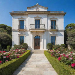 A large, luxurious white mansion located in Southern Italy, showcasing vast windows and an opulent entrance door. The mansion is set against a backdrop of the sea and features a lush garden blooming with colorful flowers.