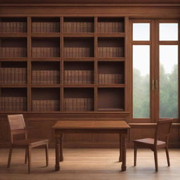 2D library background with a reading table