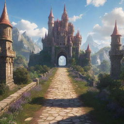 A 2D view of the entrance road leading up to a majestic school of magic during the day.