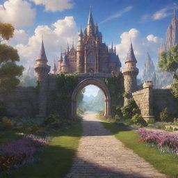 A 2D view of the entrance road leading up to a majestic school of magic during the day.