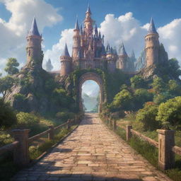 A 2D view of the entrance road leading up to a majestic school of magic during the day.