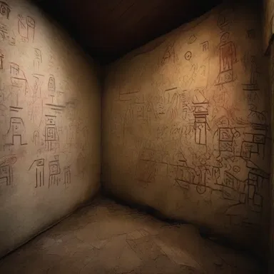 In the haunted house, the walls were covered in eerie pictographs that told a chilling story.