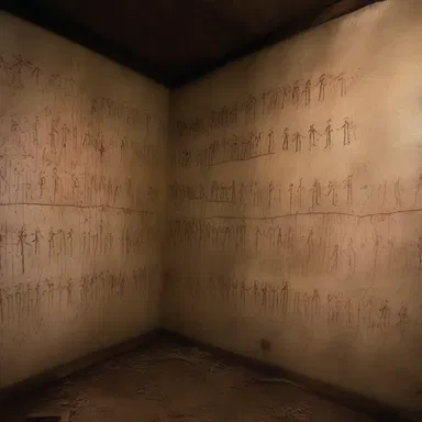 In the haunted house, the walls were covered in eerie pictographs that told a chilling story.