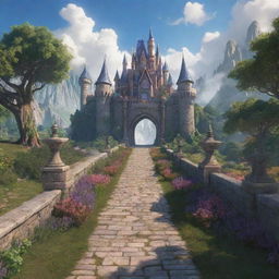 A 2D view of the entrance road leading up to a majestic school of magic during the day.