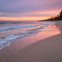 A breathtaking sunset on a serene beach with soft sand and lapping waves, lit with hues of pink, orange and purple.