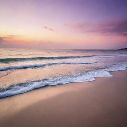 A breathtaking sunset on a serene beach with soft sand and lapping waves, lit with hues of pink, orange and purple.