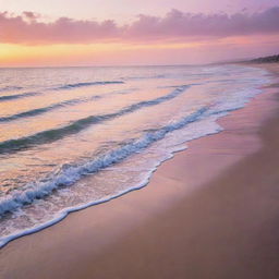 A breathtaking sunset on a serene beach with soft sand and lapping waves, lit with hues of pink, orange and purple.