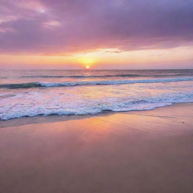 A breathtaking sunset on a serene beach with soft sand and lapping waves, lit with hues of pink, orange and purple.