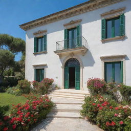 An elegant, large white mansion situated in southern Italy, characterized by grand windows and a sizable front door. A lush garden teeming with a variety of vibrant flowers and verdant plants envelops the property, with the idyllic sea serving as a backdrop.