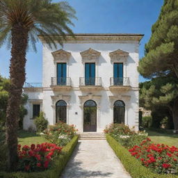 An elegant, large white mansion situated in southern Italy, characterized by grand windows and a sizable front door. A lush garden teeming with a variety of vibrant flowers and verdant plants envelops the property, with the idyllic sea serving as a backdrop.