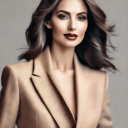 Generate an image of a confident, elegant woman in a stylish and tasteful outfit, exuding charm and sophistication