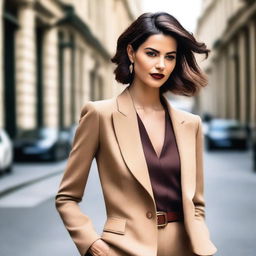 Generate an image of a confident, elegant woman in a stylish and tasteful outfit, exuding charm and sophistication