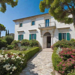 An elegant, large white mansion situated in southern Italy, characterized by grand windows and a sizable front door. A lush garden teeming with a variety of vibrant flowers and verdant plants envelops the property, with the idyllic sea serving as a backdrop.