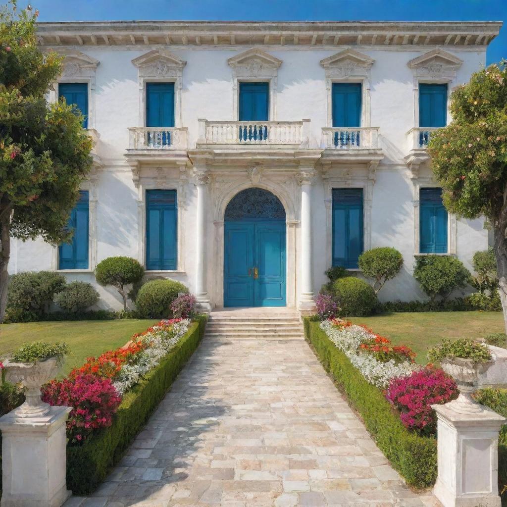 Generate an image of a large and elegant white palace with big windows and a grand front door, located in Southern Italy. Surrounding it is an expansive garden brimming with assorted plants and vibrant flowers. The backdrop presents a calm blue sea.