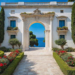 Generate an image of a large and elegant white palace with big windows and a grand front door, located in Southern Italy. Surrounding it is an expansive garden brimming with assorted plants and vibrant flowers. The backdrop presents a calm blue sea.