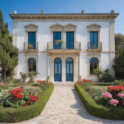 Generate an image of a large and elegant white palace with big windows and a grand front door, located in Southern Italy. Surrounding it is an expansive garden brimming with assorted plants and vibrant flowers. The backdrop presents a calm blue sea.