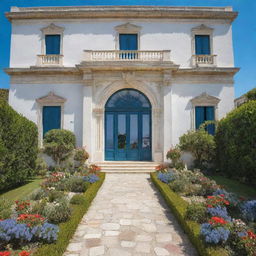 Generate an image of a large and elegant white palace with big windows and a grand front door, located in Southern Italy. Surrounding it is an expansive garden brimming with assorted plants and vibrant flowers. The backdrop presents a calm blue sea.