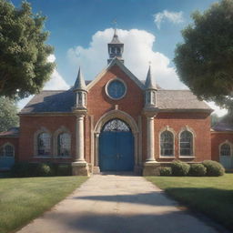 2D image of a magical school with entrances coming from both sides of the screen