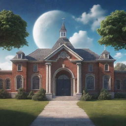 2D image of a magical school with entrances coming from both sides of the screen