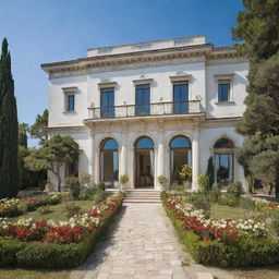 A large, elegant white Mediterranean palace in southern Italy, featuring grand windows, a prominent front door, an expansive garden teeming with an array of plants and flowers, and the sparkling sea in the backdrop.