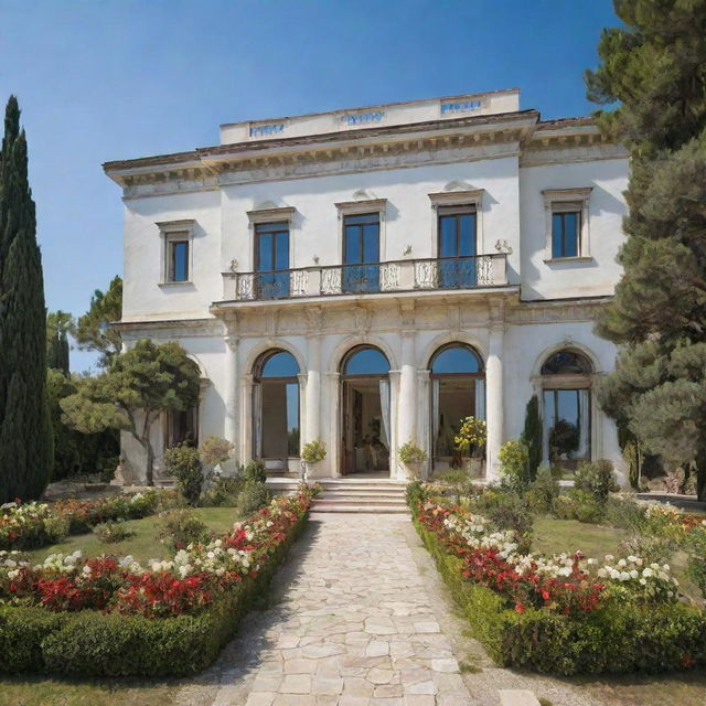 A large, elegant white Mediterranean palace in southern Italy, featuring grand windows, a prominent front door, an expansive garden teeming with an array of plants and flowers, and the sparkling sea in the backdrop.