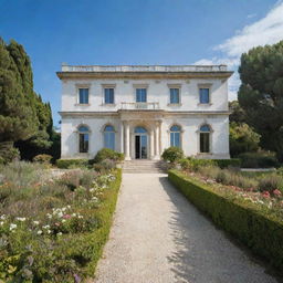 A large, elegant white Mediterranean palace in southern Italy, featuring grand windows, a prominent front door, an expansive garden teeming with an array of plants and flowers, and the sparkling sea in the backdrop.