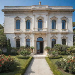 A large, elegant white Mediterranean palace in southern Italy, featuring grand windows, a prominent front door, an expansive garden teeming with an array of plants and flowers, and the sparkling sea in the backdrop.