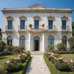 A large, elegant white Mediterranean palace in southern Italy, featuring grand windows, a prominent front door, an expansive garden teeming with an array of plants and flowers, and the sparkling sea in the backdrop.