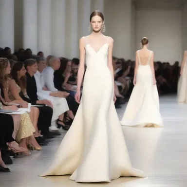 The designer used eggshell-colored fabric for the elegant evening gown in the fashion show.