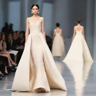 The designer used eggshell-colored fabric for the elegant evening gown in the fashion show.