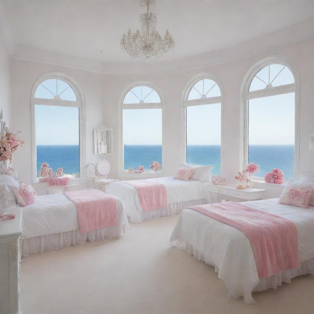 A pristine girls' room decorated entirely in white, featuring numerous pink beds, large elegant windows offering a sea view, and abundant makeup and clothing accessories.