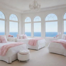 A pristine girls' room decorated entirely in white, featuring numerous pink beds, large elegant windows offering a sea view, and abundant makeup and clothing accessories.