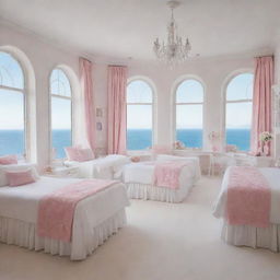 A pristine girls' room decorated entirely in white, featuring numerous pink beds, large elegant windows offering a sea view, and abundant makeup and clothing accessories.