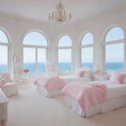 A pristine girls' room decorated entirely in white, featuring numerous pink beds, large elegant windows offering a sea view, and abundant makeup and clothing accessories.