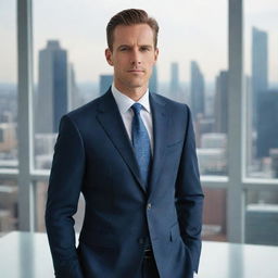 A sophisticated businessman in a sleek, tailored suit, standing in a modern office setting with a cityscape view in the background