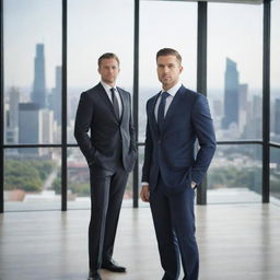 A sophisticated businessman in a sleek, tailored suit, standing in a modern office setting with a cityscape view in the background